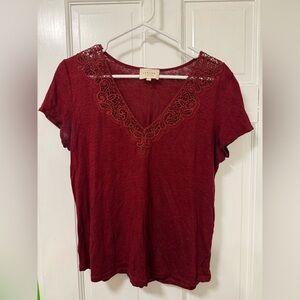 Sezane Deep Red Lace V-Neck Tee